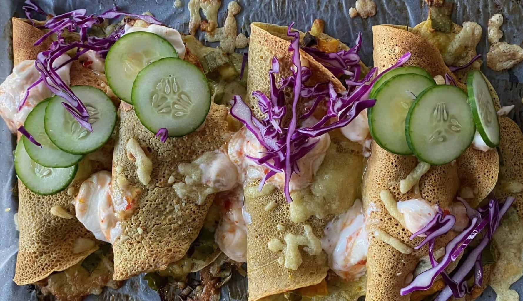 Chickpea Crepe with spiced pumpkin and cheese filling