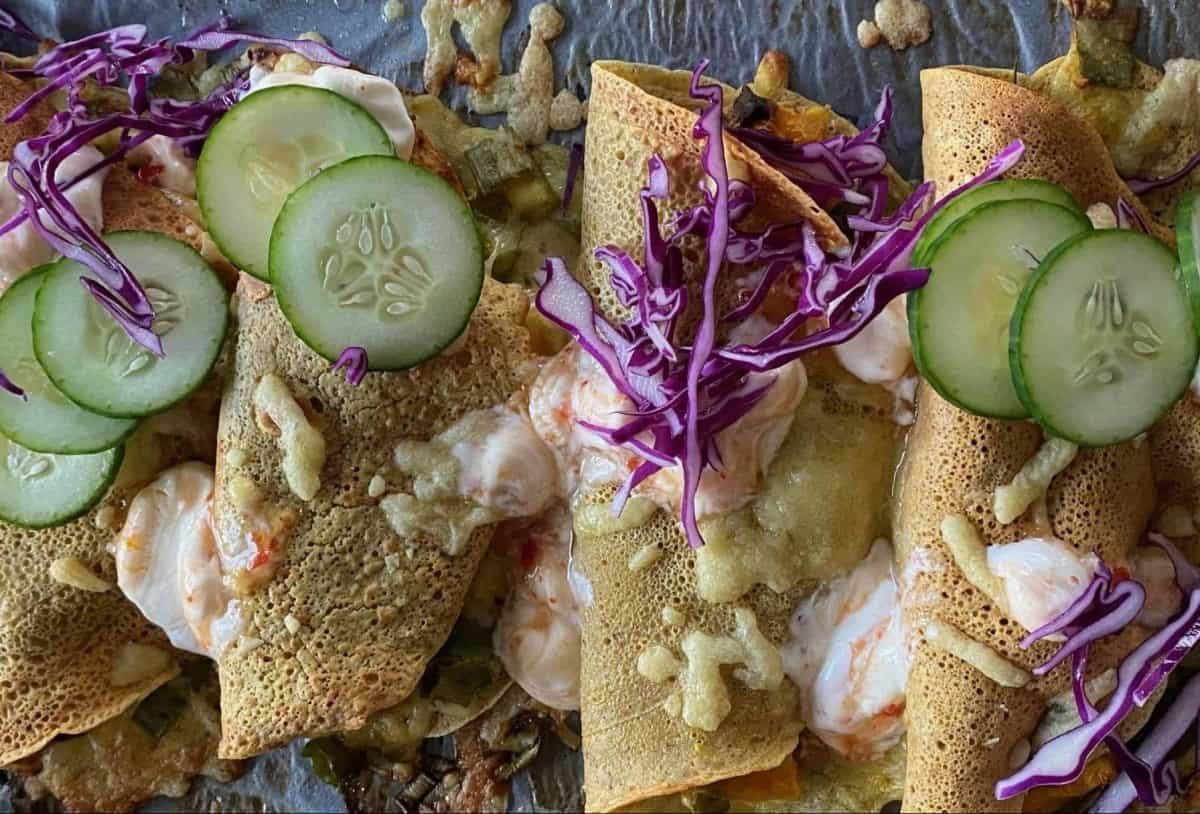 Chickpea Crepe with spiced pumpkin and cheese filling